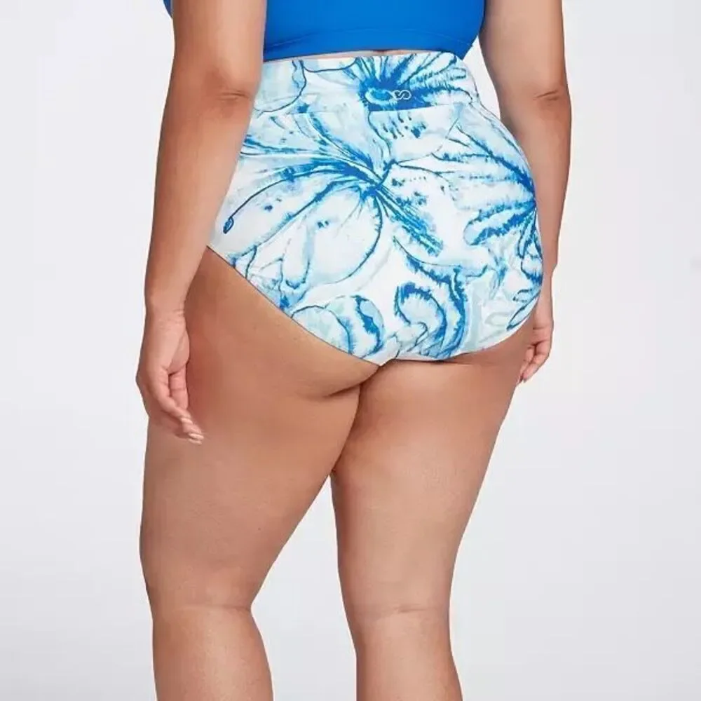NWT CALIA XL High Waisted Twist Front Swim‎ Bottoms Tummy Control Blue White